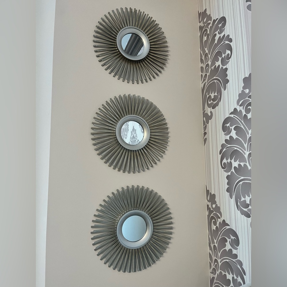 Set of 3 Elegant Antique Silver Finish Sunburst Wall Mirrors